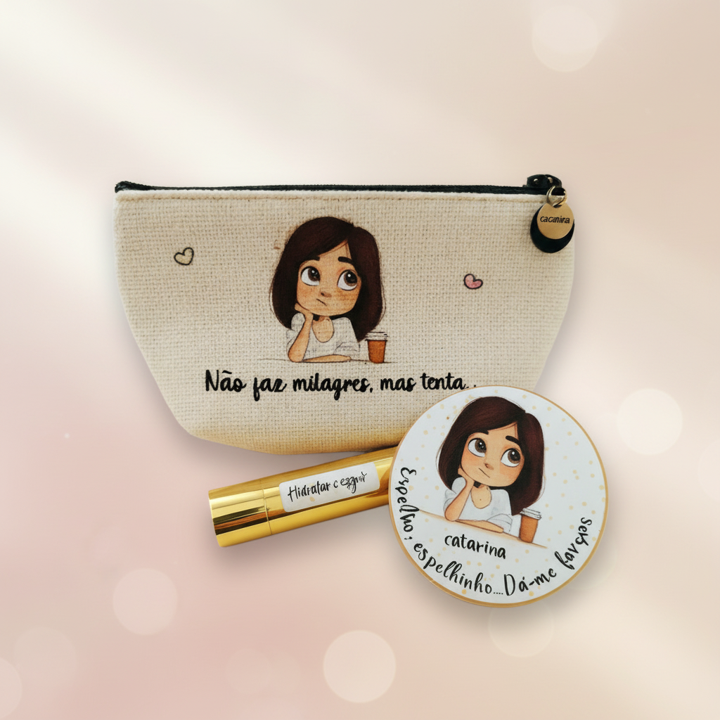 Necessaire Personalizada 10x15cm com Frases Divertidas, Bálsamo Labial e Espelho