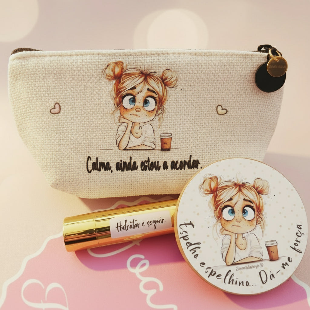Necessaire Personalizada 10x15cm com Frases Divertidas, Bálsamo Labial e Espelho