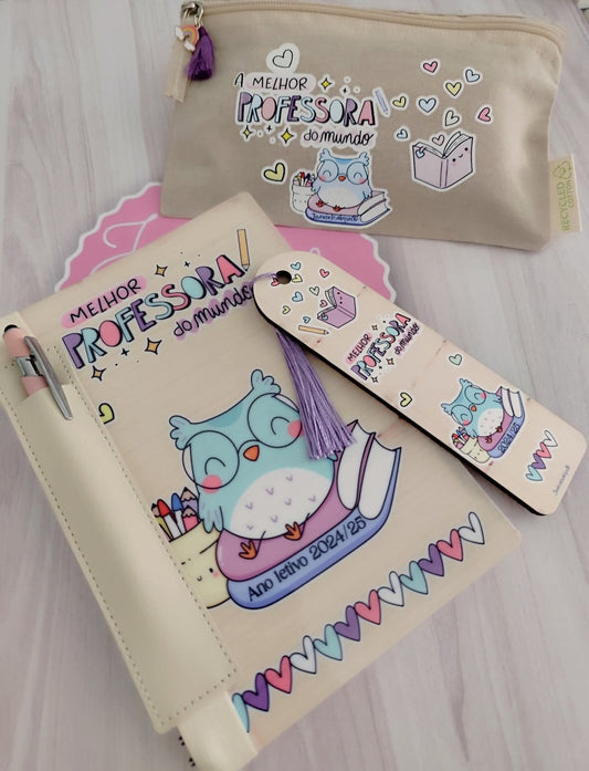 Conjunto Caderno, Marca Páginas, Estojo e Caneta